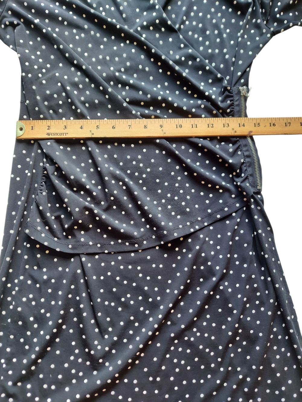 Ellen Tracy Black White Polka Dot Faux Wrap Dress M Side Zip Ruched Stretch - Picture 7 of 15